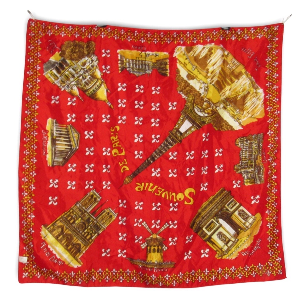 VTG Made In Italy FAMOUS PARIS LANDMARKS Red Satin "SOUVENIR DE PARIS" Scarf